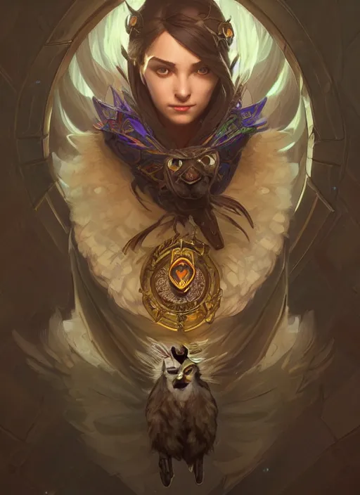 Image similar to level 1 4 owl wizard, d & d, fantasy, intricate, elegant, highly detailed, digital painting, artstation, concept art, matte, sharp focus, illustration, hearthstone, art by artgerm and greg rutkowski and alphonse mucha