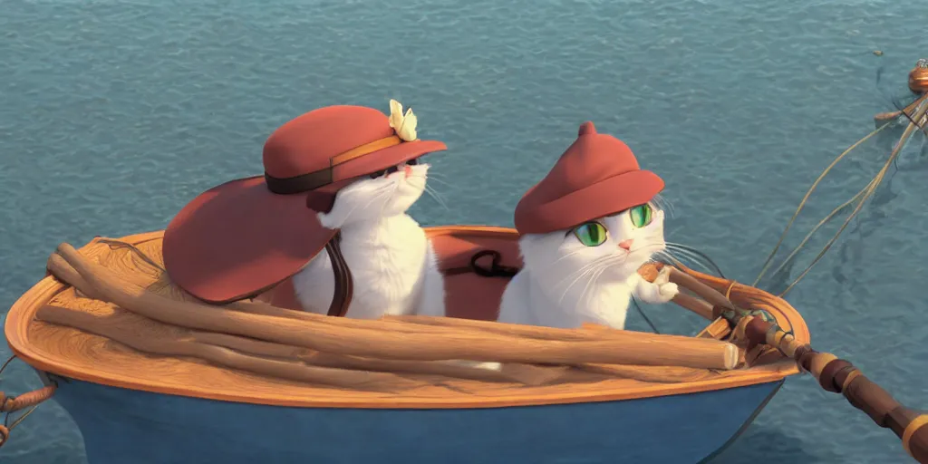 Image similar to a wholesome animation key shot of a cute cat on a fishing boat wearing a sunhat, studio ghibli, pixar and disney animation, sharp, rendered in unreal engine 5, anime key art by greg rutkowski, bloom, dramatic, dynamic lighting