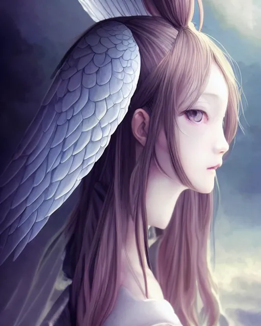 Image similar to range murata, an infinitely detailed portrait of a frail and pale female peace angel elegantly. fully - clothed full - body, beautiful! scenery art!! coherent! by wlop & murata range, victorian armor trim, cold color palette, artstation / pixiv!! elegantly armored angel portrait full - body, dreamy art