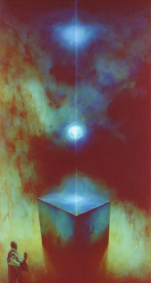 Image similar to a gigantic glowing crystal tesseract orb illuminating a small room, very bright white light, high detailed beksinski painting, part by adrian ghenie and gerhard richter. masterpiece, deep colours, blue