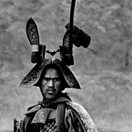 Prompt: of a rabbit samurai in the film seven samurai, film still