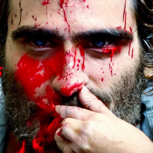 Prompt: joaquin phoenix with a crazed look and blood dripping from his face