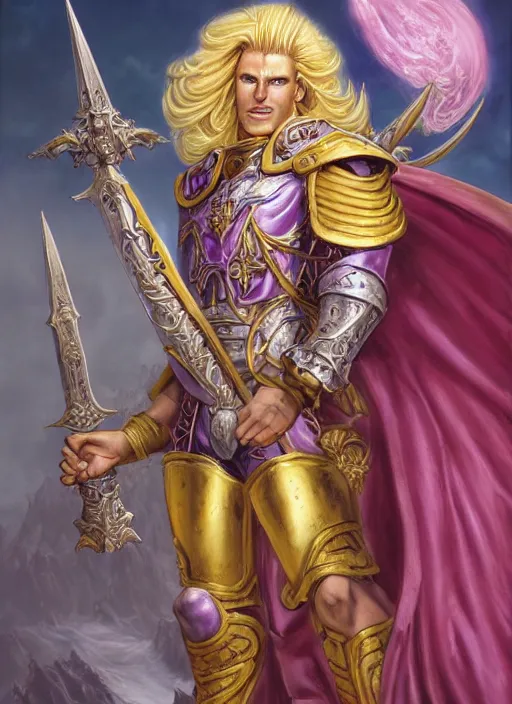 Image similar to Fulgrim a Warhammer 40k paladin, glorious LONG BLOND hair, by Ivan Aivakovsky, by Boris Vallejo, epic fantasy character art, D&D Concept Art, full length, Realistic, Regal, Refined, Detailed Digital Art, Oil Paining, Exquisite detail, post-processing, masterpiece, Cinematic Lighting, Unreal Engine, 8k, HD