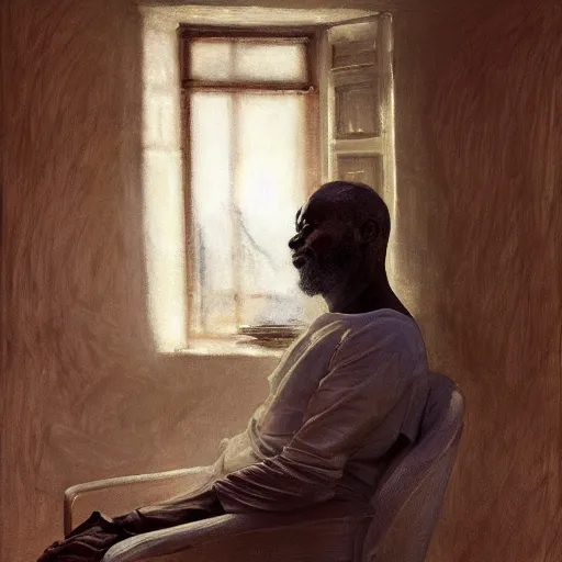 Image similar to a painting of a well fed, thinker, thoughtful, focused, visionary, calm, jovial, loving, daddy/fatherly, generous, no facial hair, elegant elder and his on from Kenya by Henry Ossawa Tanner . dramatic angle, ethereal lights, details, smooth, sharp focus, illustration, realistic, cinematic, artstation, award winning, rgb , unreal engine, octane render, cinematic light, macro, depth of field, blur, red light and clouds from the back, highly detailed epic cinematic concept art CG render made in Maya, Blender and Photoshop, octane render, excellent composition, dynamic dramatic cinematic lighting, aesthetic, very inspirational, arthouse.