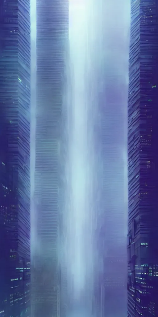 Prompt: concept art of vaporwave skyscrapers in the shape of a human spines, illuminated dense fog, depth of field, cinematic dramatic lights, deep focus, intricate, elegant, highly detailed, foggy, mysterious, digital painting, artstation, concept art, matte, sharp focus, art by artgerm and greg rutkowski and alphonse mucha