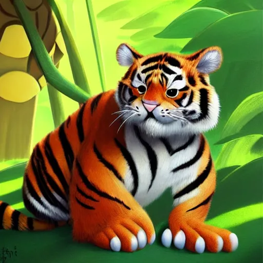 Image similar to goro fujita illustration a young cat tiger in the jungle by goro fujita, painting by goro fujita, sharp focus, highly detailed, artstation