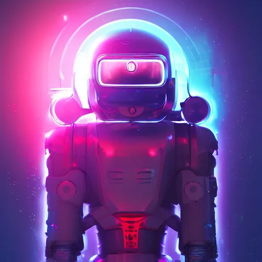 Prompt: cyberpunk concept cool warrior bot, cinema 4 d, galaxy, ufo, space sci - fi, wearing vr goggles, illustration, portrait, pastel neon textured background night, trending on artstation, greg rutkowski, octane rendered, 1 2 k, detailed,