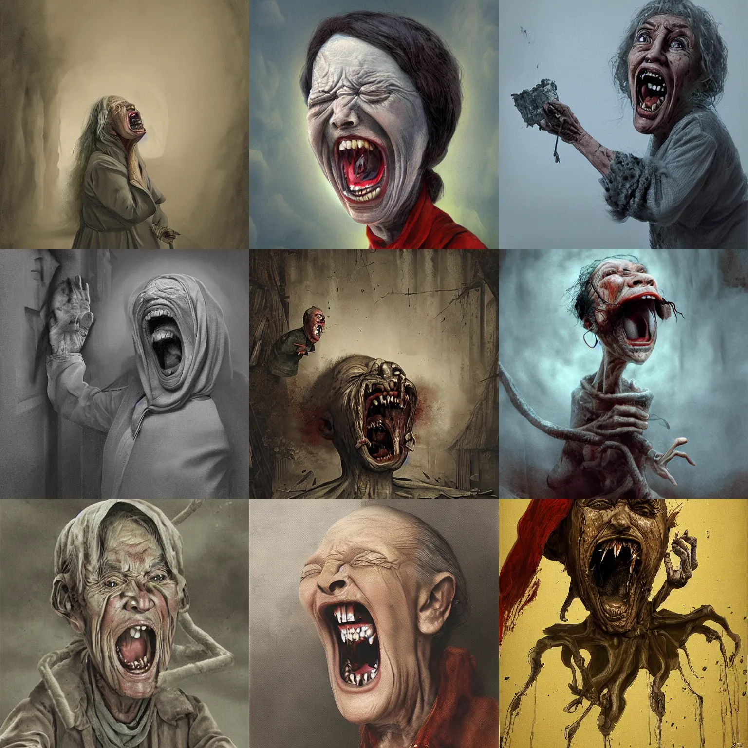 Prompt: horror portrait of a creepy old lady screaming, matte painting by maxim verehin