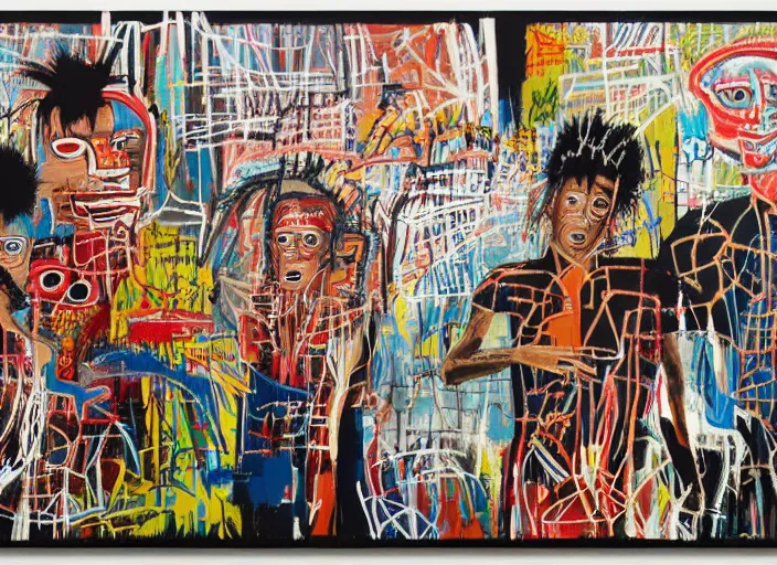 Image similar to jean-michel basquiat, david choe and alex gray painting, intricately highly detailed art piece