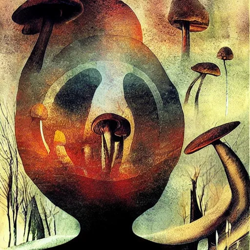 Image similar to psychedelic mushrooms dream, by dave mckean