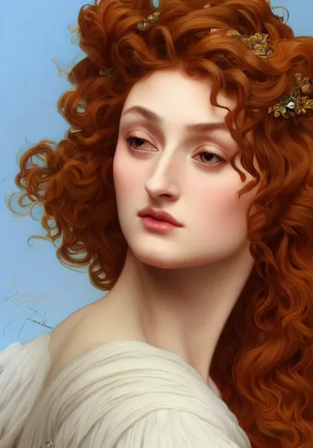 Prompt: sansa portrait in profile with a complex hairstyle with lots of curls, intricate, elegant, highly detailed, digital painting, artstation, concept art, smooth, sharp focus, illustration, art by artgerm and greg rutkowski and alphonse mucha and william - adolphe bouguereau