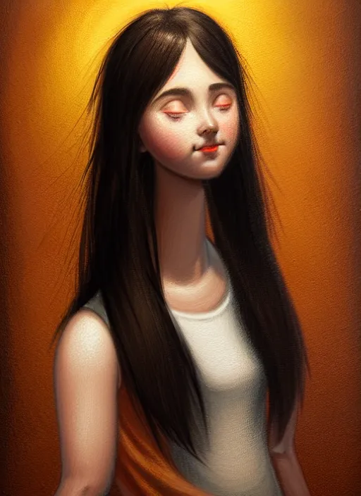 Prompt: portrait of teenage ethel muggs, narrow face, dark eyebrows, black hair, bangs, half updo hairstyle, intricate, elegant, narrower face, slightly defined jawline, glowing lights, highly detailed, subtle awkward smile, digital painting, artstation, concept art, smooth, sharp focus, illustration, art by wlop, mars ravelo and greg rutkowski