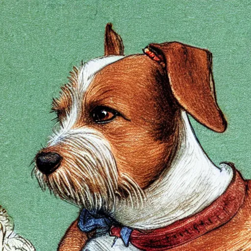 Prompt: closeup candid portrait of jack russel terrier thinking, illustrated by peggy fortnum and beatrix potter and sir john tenniel