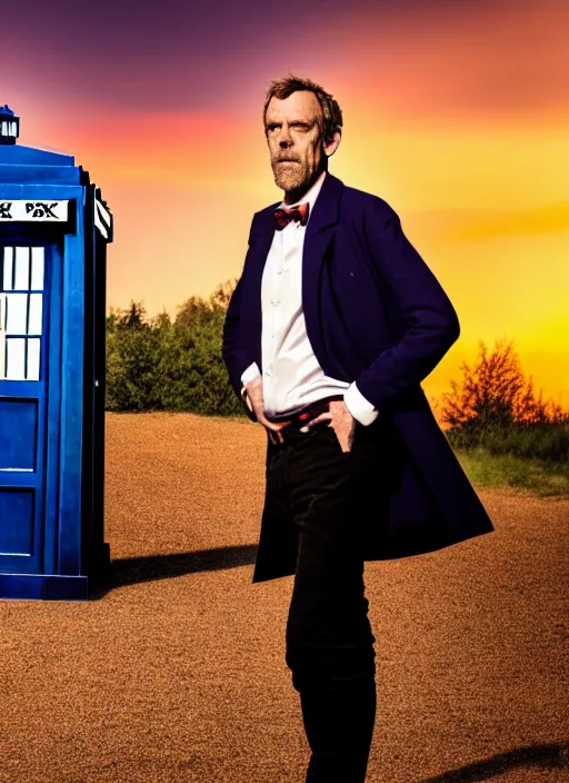 Image similar to dslr photo portrait still of hugh laurie as doctor who in front of the tardis at sunset, 8 k, 8 5 mm f 1. 4