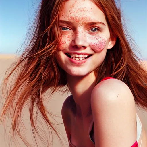 Image similar to portrait of a cute thin young woman, red blush, cute freckles, smug smile, modern clothes, relaxing on the beach, golden hour, close up shot, 8 k, art by irakli nadar, hyperrealism, hyperdetailed, ultra realistic