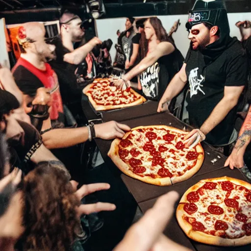 Prompt: pizza party at a metal concert held in cyblerspace