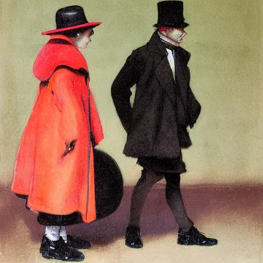 Prompt: a highly detailed epic cinematic concept art, a thin man in a black coat and bowler hat talks with small young girl who is dressed in a red coat and a red hat, Berlin park, autumn, 1923, in the style of in the style of Francis Bacon and Syd Mead and Norman Rockwell and Beksinski, painted by Francis Bacon and Edward Hopper, painted by James Gilleard, surrealism, airbrush, Ilya Kuvshinov, WLOP, Stanley Artgerm, very coherent, triadic color scheme, art by Takato Yamamoto and James Jean, high detail, width 768