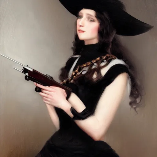 Image similar to a beautiful young woman, pale skin, black long hair, aristocrat, black expensive dress from 1 8 6 0, holding a rifle, oil painting, digital art, studio photo, realistic, artstation, high quality, wild west