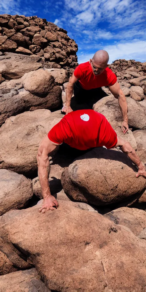 Prompt: man wearing red hawaii shirt doing pushups on top of a giant boulder in the desert, photorealistic