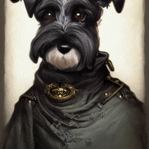 Image similar to portrait of stoic looking miniature schnauzer, military uniform, black fir, white eyebrows, fantasy, intricate, elegant, highly detailed, centered, dark, smokey, charcoal painting, digital painting, artstation, concept art, smooth, sharp focus, illustration, art by alphonse mucha