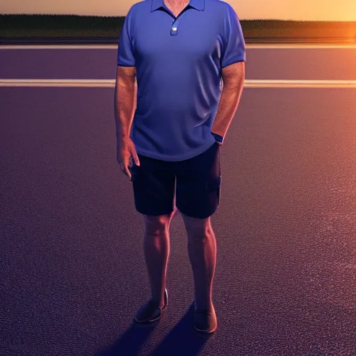 Image similar to aesthetic illustration of jeffrey epstein, wearing a dark blue polo shirt, standing by his bombardier private jet on an empty runway at dusk, cinematic lighting, high detail, volumetric lights, rule of thirds, unreal engine 5 render, pinterest wallpaper, trending on artstation