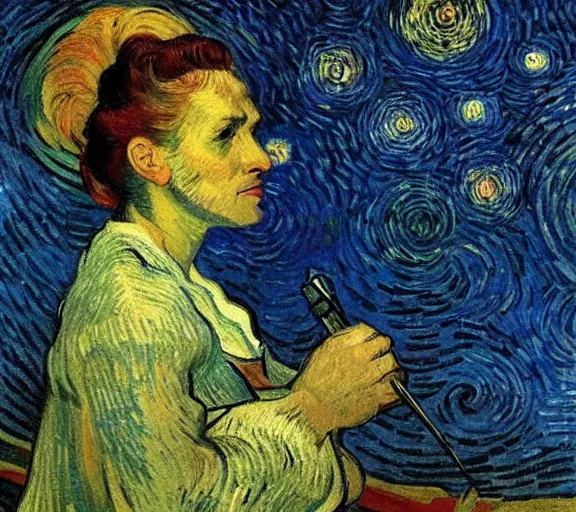 Image similar to Victorian woman singing quietly by a sacred lake at night, bright fire flies, big moon, stars, painted by Vincent van Gogh, Jacques-Louis David detailed