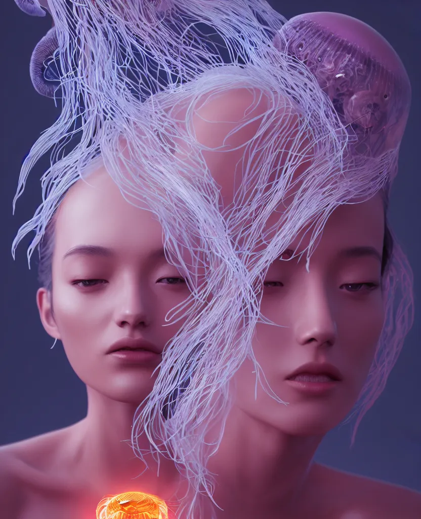 Image similar to goddess portrait. jellyfish phoenix head. intricate artwork by Tooth Wu and wlop and beeple. octane render, trending on artstation, greg rutkowski very coherent symmetrical artwork. cinematic, hyper realism, high detail, octane render, 8k