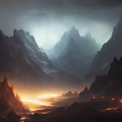 Image similar to a vast, black, rocky mountain range with a town at the foot of the mountain range, mysterious atmospheric lighting, painted, intricate, volumetric lighting, rich deep colours masterpiece, sharp focus, ultra detailed, by ruan jia and greg rutkowski