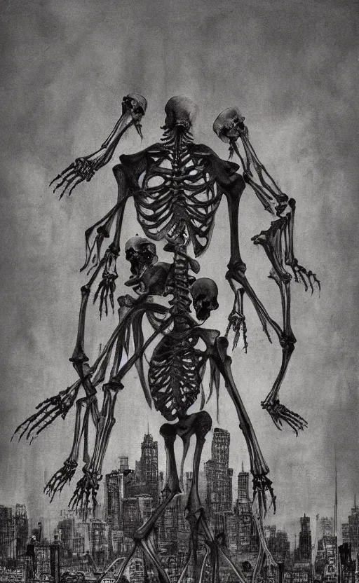 Prompt: a huge human skeleton looming over a city provoking an unsettling emotion, by Waybne Barlowe