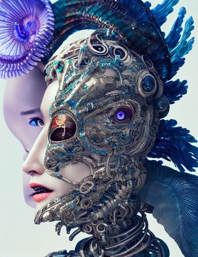 Image similar to 3 d goddess cyborg close - up profile portrait with ram skull. beautiful intricately detailed japanese crow kitsune mask and clasical japanese kimono. betta fish, jellyfish phoenix, bio luminescent, plasma, ice, water, wind, creature, artwork by tooth wu and wlop and beeple and greg rutkowski