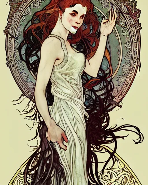 Image similar to in the style of artgerm, arthur rackham, alphonse mucha, evan rachel wood, flowing white dress