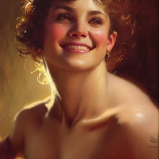 Prompt: a portrait of a pitbullwoman smiling at the viewer. highly detailed painting by gaston bussiere, craig mullins, j. c. leyendecker 8 k