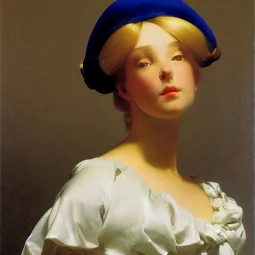 Prompt: young woman's face, her hair is white and she wears a cobalt blue duchesse satin cloak, by ivan aivazovsky syd mead moebius roger dean aelbert cuyp willem claesz pieter claesz paul delaroche alma tadema, hyperrealistic, volumetric light, octane