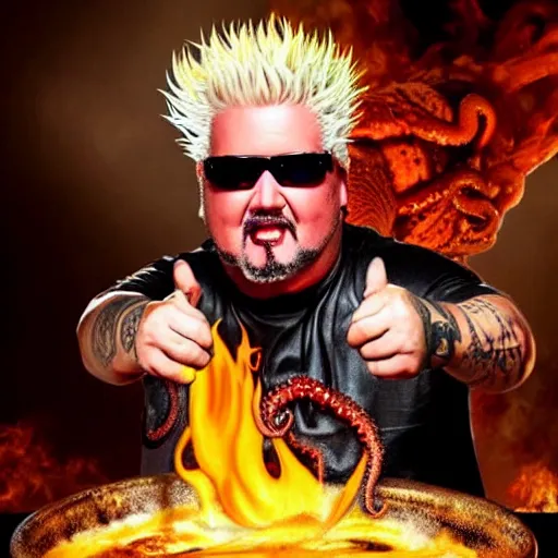 Image similar to guy fieri, turning into an eldritch horror with tentacles, bathing in a giant pan filled with boiling oil, film still from the movie directed by denis villeneuve with art direction by salvador dali