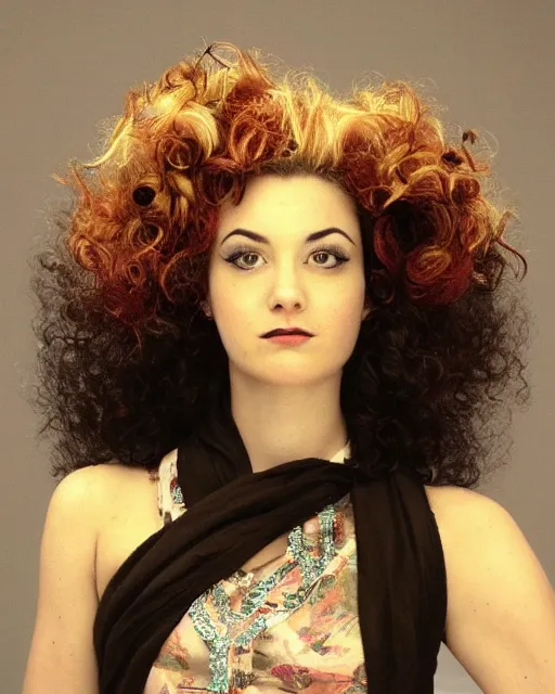 Prompt: a young woman with an extravagant hair style in the style of Erica Rose Levine