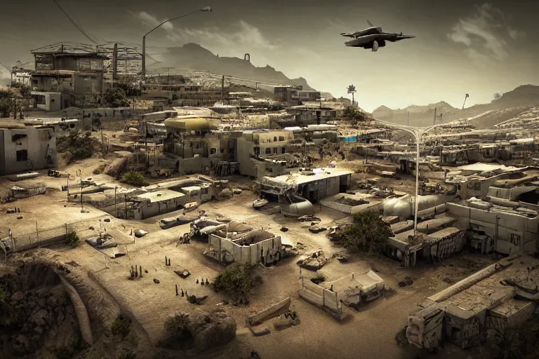 Image similar to favela hospital hangar bunker, desert environment, industrial factory, cliffs, gloomy, milky way, award winning art, epic dreamlike fantasy landscape, ultra realistic,