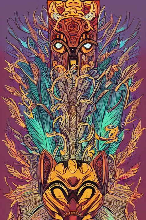 Image similar to animal mask totem roots flower tribal feather gemstone plant wood rock shaman vodoo video game vector cutout illustration vivid multicolor borderlands comics by josan gonzales and dan mumford radiating a glowing aura