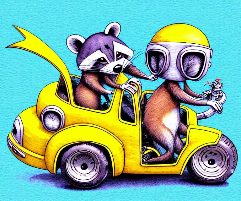 Image similar to cute and funny, racoon wearing a helmet riding in a tiny hot rod with oversized engine, ratfink style by ed roth, centered award winning watercolor pen illustration, isometric illustration by chihiro iwasaki, edited by range murata, tiny details by artgerm and watercolor girl, symmetrically isometrically centered, hyperfocused