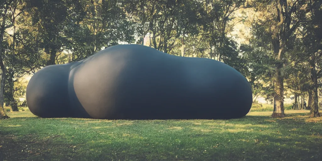 Prompt: huge matte black adult bouncy castle in big fruits form like a big puffer with seams, on the forest, style by anish kapoor, parts by shih chieh huang, warm soft light, shallow depth of field realistic, 8 k, hyperrealism, subsurface scattering, raytracing