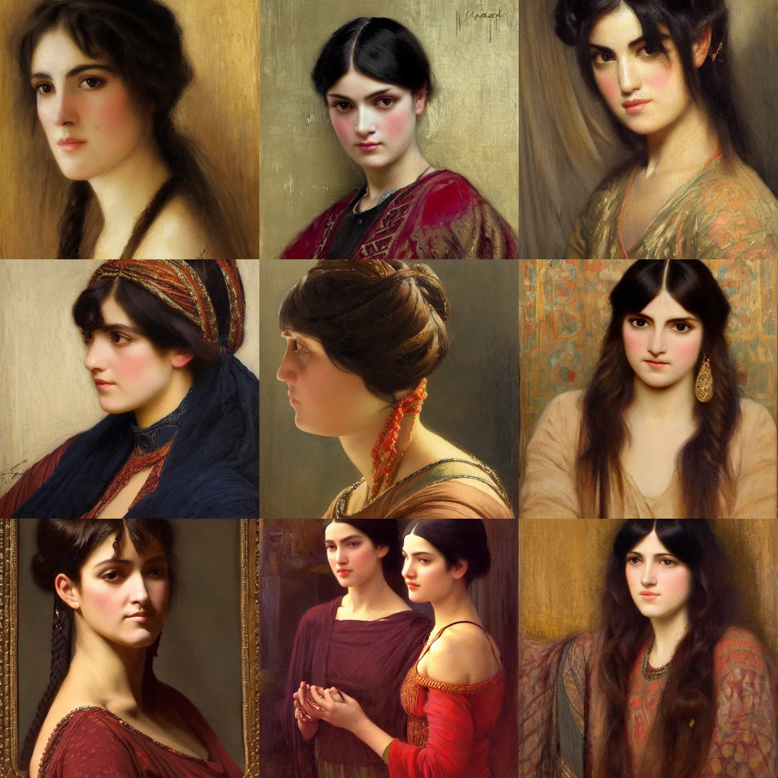 Prompt: orientalism painting hairstyle blunt bangs example dark hair beautiful woman face detail by edwin longsden long and theodore ralli and nasreddine dinet and adam styka, masterful intricate art. oil on canvas, excellent lighting, high detail 8 k