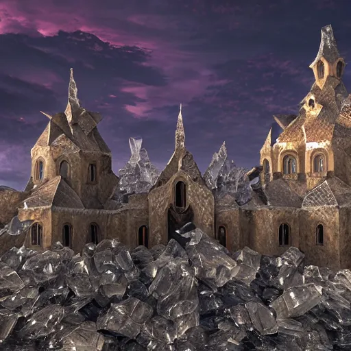 Image similar to medieval baroque castle made of crystal shards, epic landscape, iceland photography, cinematic, octane render, art station, dramatic lighting, beautiful dusk sky, concept art, rococo, photorealistic, intense detail, 8 k