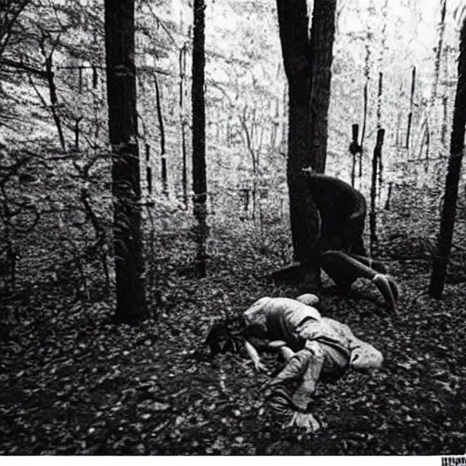 Image similar to creepy forest, creepy creature eating man on the ground, horror photo, photo from cctv footage, black and white