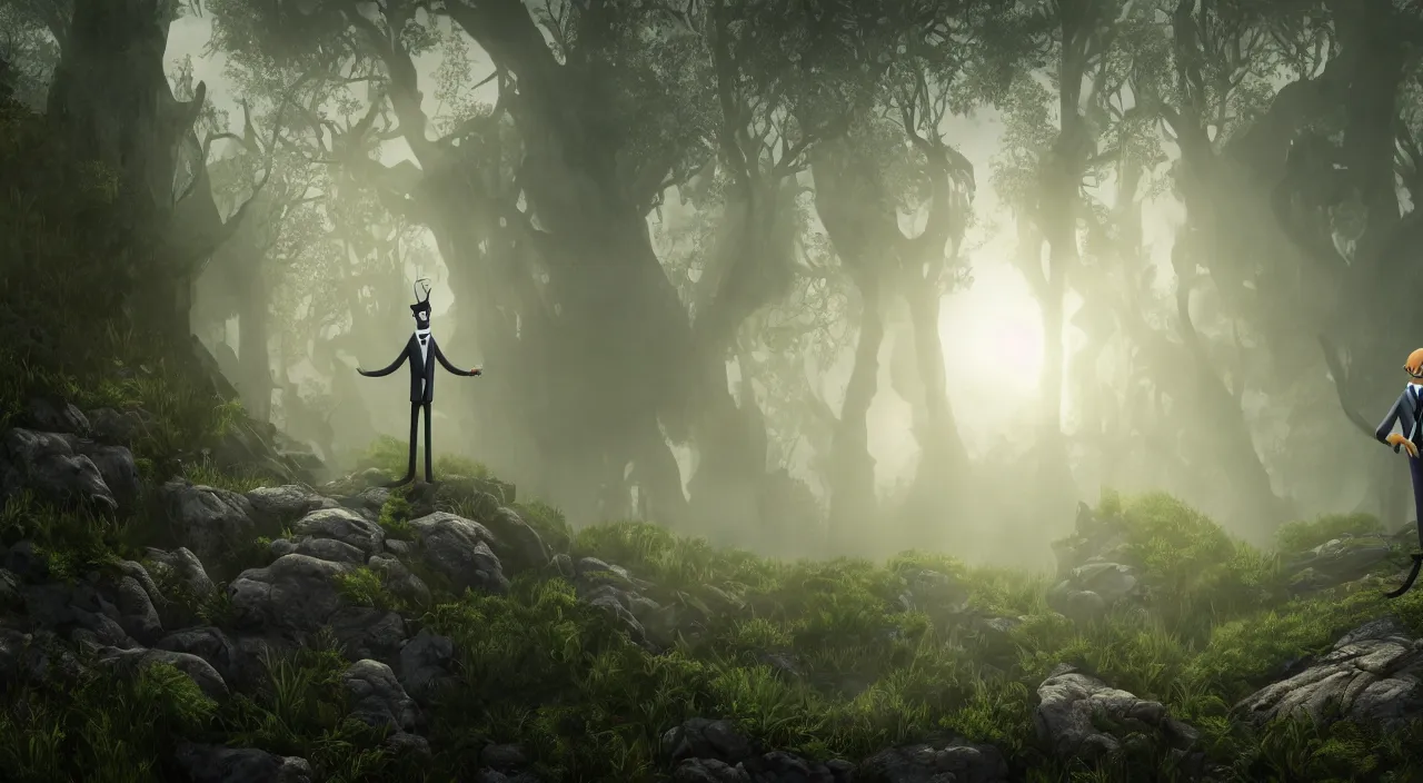 Image similar to photorealistic matte painting of mr burns standing far in misty overgrowth undergrowth jagged rock features volumetric fog light rays high contrast dawn