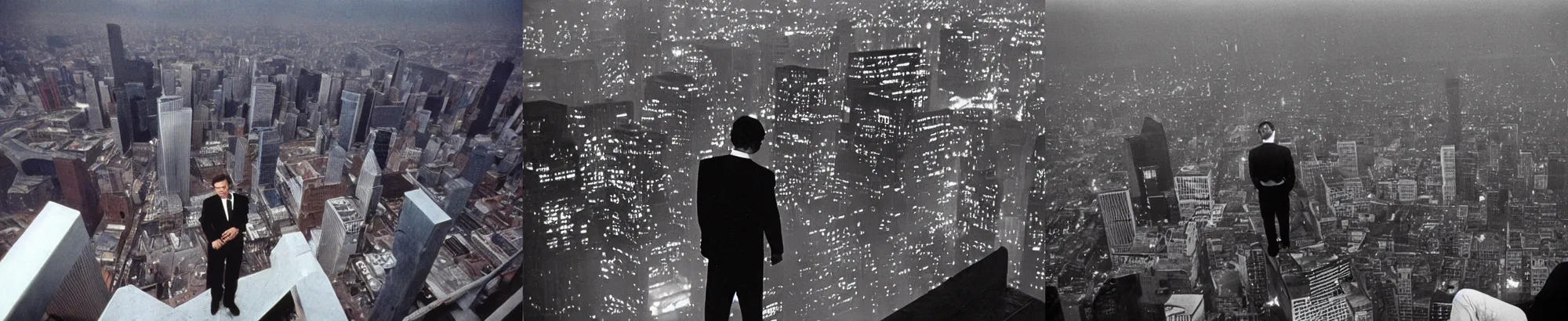Prompt: Leonardo DiCaprio on the top of the world trade center looking down to the city, 1990's, night time.