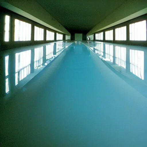 Prompt: Beautiful cameraphone 2005 soft liminal Photograph of an infinite dark colored hallway pool