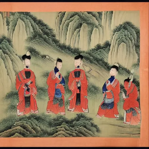 Prompt: the Chinese handsroll painting of scholars in mountains,ancient ,by Li Sixun and Wu Daozi