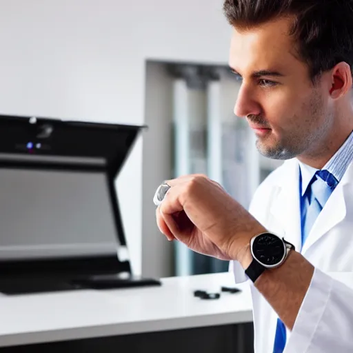 Prompt: A Pround doctor looking at his new watch, cinematic view, high quality