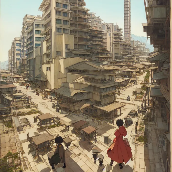 Image similar to empty japanese city, spring, in the style of studio ghibli, j. c. leyendecker, greg rutkowski, artem