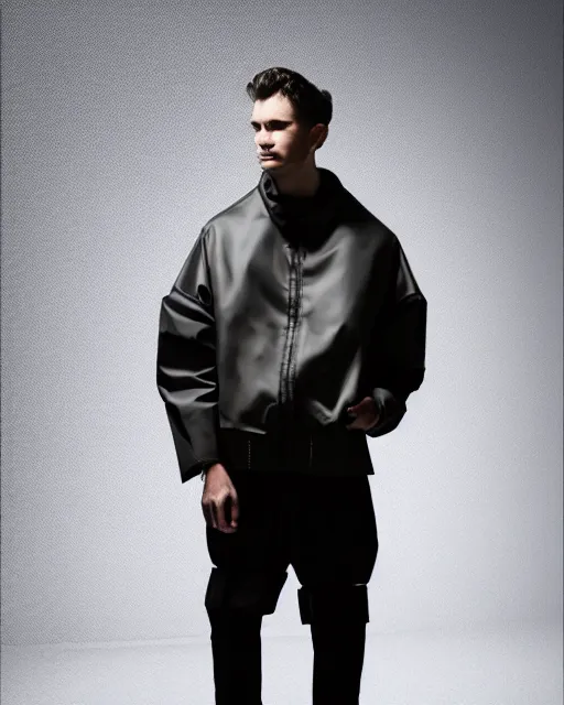 Image similar to fashion tech pack vvector of a male model wearing a baggy menswear moto jacket by issey miyake, 4 k, studio lighting, wide angle lens