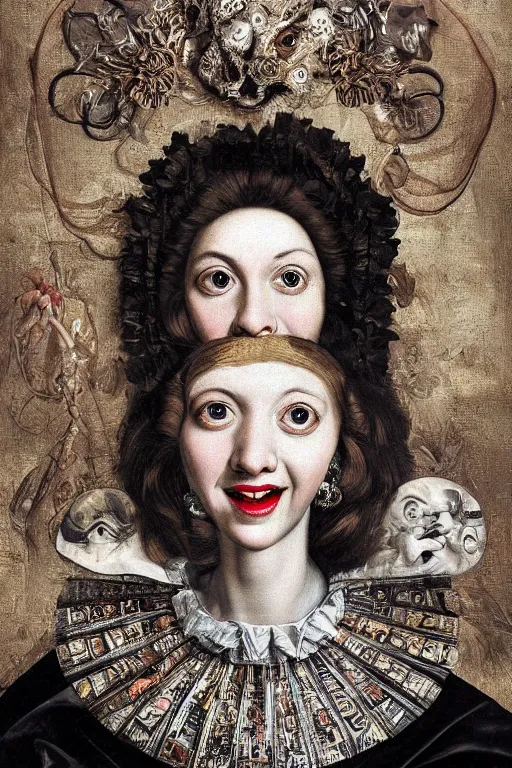 Prompt: Detailed maximalist portrait with large lips and with large eyes, huge smile, teeth, exasperated expression, HD mixed media, 3D collage, highly detailed and intricate illustration in the style of Caravaggio, dark art, baroque